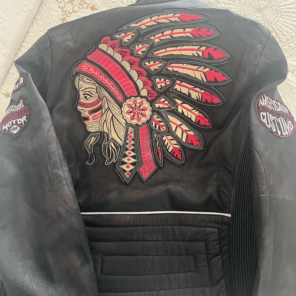 Affliction Black Leather Jacket with Red & Cream Embroidered Headdress - Picture 3 of 5